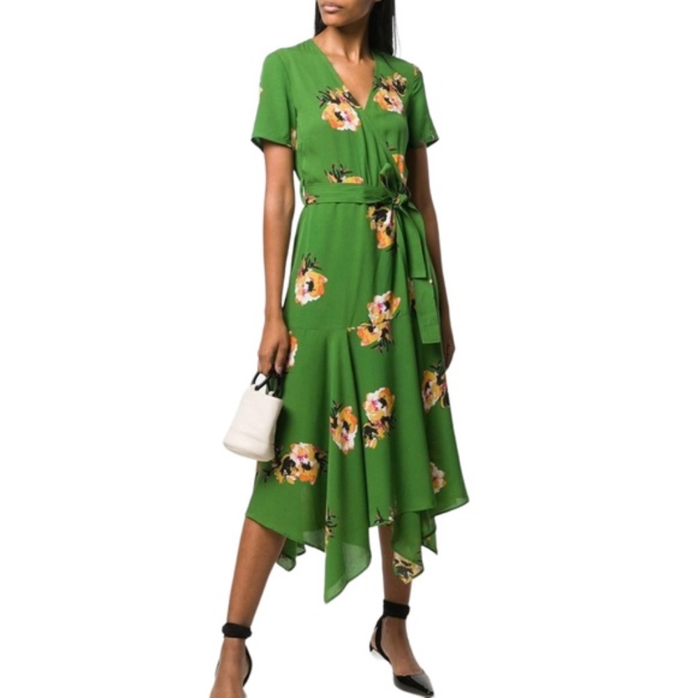 A.L.C. Cora Floral Silk Wrap Midi Dress - Kelly Green Floral Print - Size 2